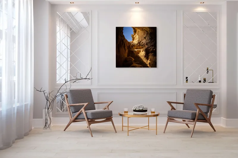 Tablou Canvas, "Lumina soarelui în peșteră stâncoasă", Pietre, Lumină, Umbre, Cer, Forme, Timp, Textură, Amestec, Natură, 100 x 100 cm – poza 7