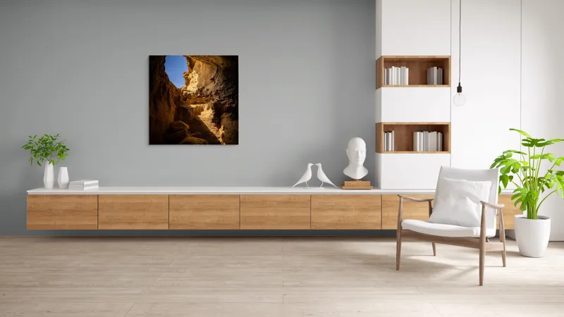 Tablou Canvas, "Lumina soarelui în peșteră stâncoasă", Pietre, Lumină, Umbre, Cer, Forme, Timp, Textură, Amestec, Natură, 100 x 100 cm – poza 8