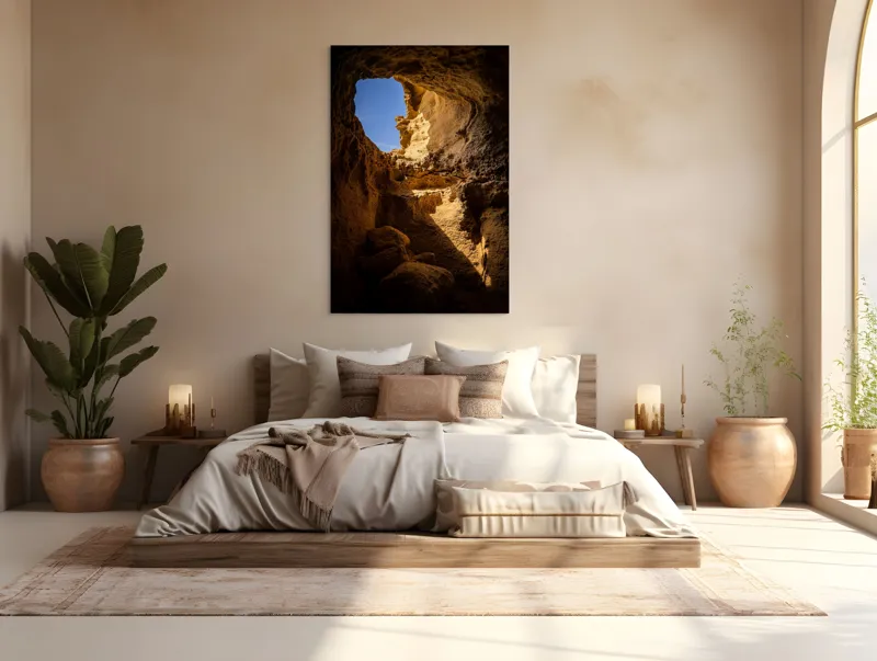 Tablou Canvas, "Lumina soarelui în peșteră stâncoasă", Pietre, Lumină, Umbre, Cer, Forme, Timp, Textură, Amestec, Natură, 100 x 150 cm – poza 3