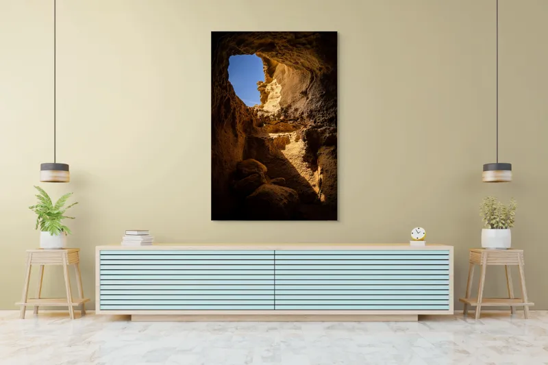 Tablou Canvas, "Lumina soarelui în peșteră stâncoasă", Pietre, Lumină, Umbre, Cer, Forme, Timp, Textură, Amestec, Natură, 100 x 150 cm – poza 4