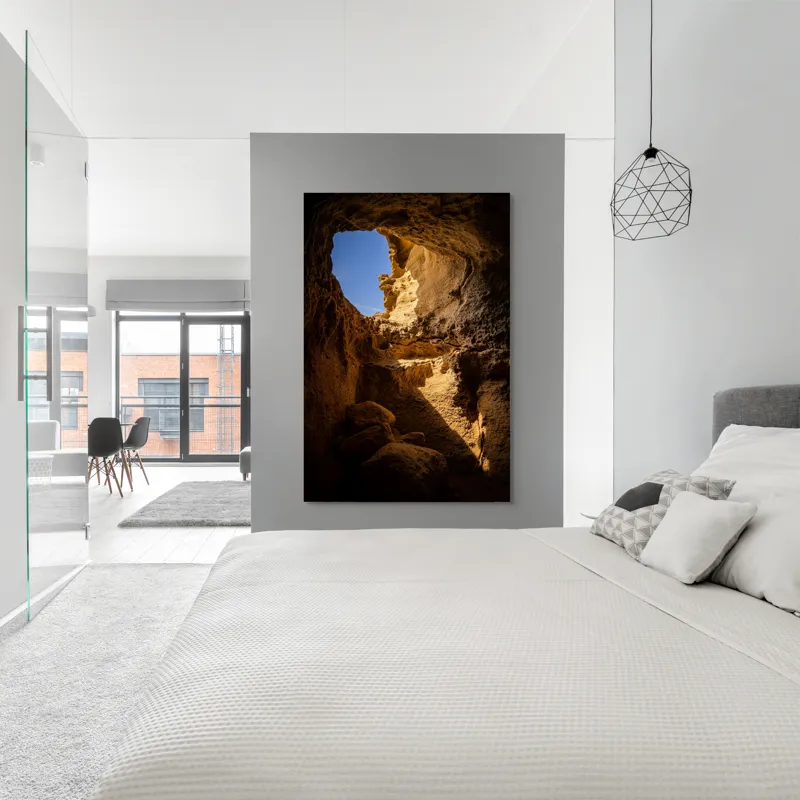 Tablou Canvas, "Lumina soarelui în peșteră stâncoasă", Pietre, Lumină, Umbre, Cer, Forme, Timp, Textură, Amestec, Natură, 100 x 150 cm – poza 5