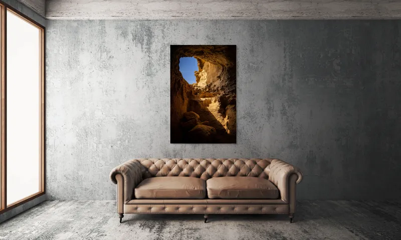 Tablou Canvas, "Lumina soarelui în peșteră stâncoasă", Pietre, Lumină, Umbre, Cer, Forme, Timp, Textură, Amestec, Natură, 100 x 150 cm – poza 6