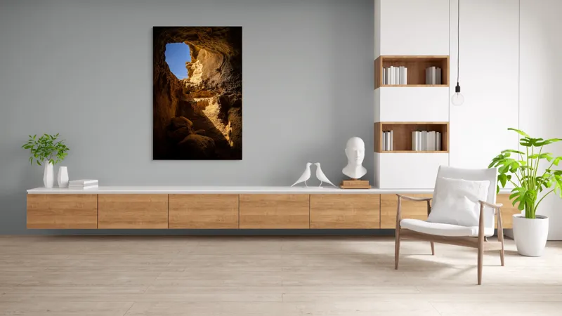 Tablou Canvas, "Lumina soarelui în peșteră stâncoasă", Pietre, Lumină, Umbre, Cer, Forme, Timp, Textură, Amestec, Natură, 100 x 150 cm – poza 8