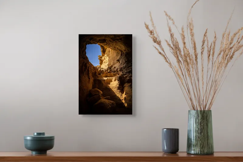 Tablou Canvas, "Lumina soarelui în peșteră stâncoasă", Pietre, Lumină, Umbre, Cer, Forme, Timp, Textură, Amestec, Natură, 26 x 39 cm – poza 5