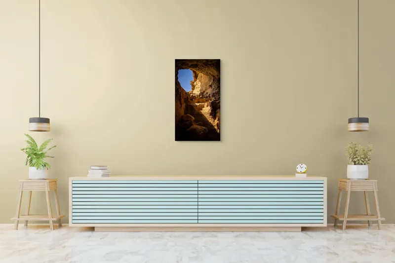 Tablou Canvas, "Lumina soarelui în peșteră stâncoasă", Pietre, Lumină, Umbre, Cer, Forme, Timp, Textură, Amestec, Natură, 50 x 90 cm – poza 6