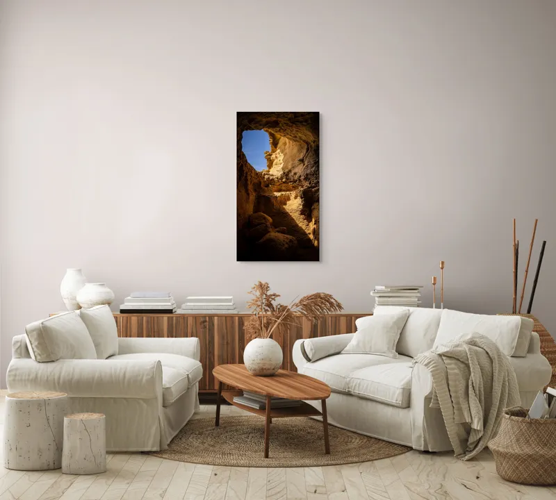 Tablou Canvas, "Lumina soarelui în peșteră stâncoasă", Pietre, Lumină, Umbre, Cer, Forme, Timp, Textură, Amestec, Natură, 50 x 90 cm – poza 7