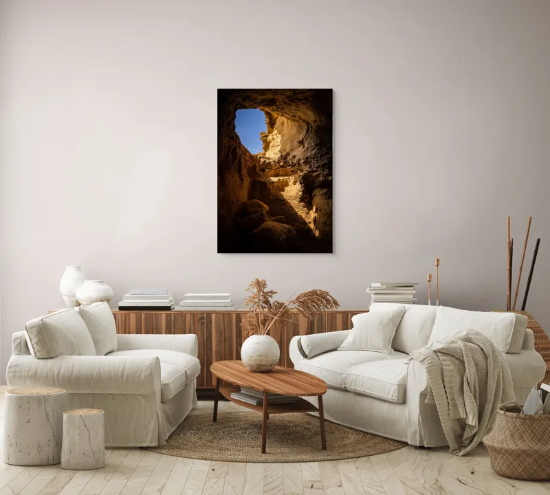 Tablou Canvas, "Lumina soarelui în peșteră stâncoasă", Pietre, Lumină, Umbre, Cer, Forme, Timp, Textură, Amestec, Natură, 70 x 100 cm – poza 4