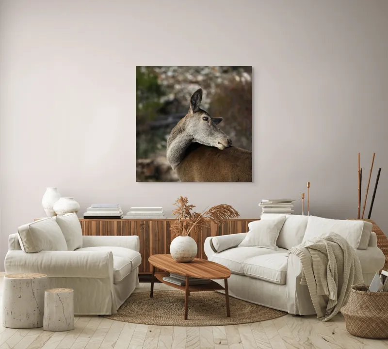 Tablou Canvas, "Caprioara privind spre orizont liniștit", Natură, Căprioară, Viziune, Serenitate, Blândețe, Peisaj, Sălbăticie, Frumusețe, Calm, Echilibru, 100 x 100 cm – poza 3