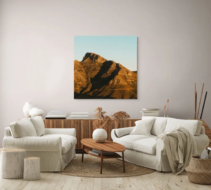 Tablou Canvas, "Umbre jucăușe pe crestele muntelui.", Munți, Stânci, Apus, Peisaj, Lumină, Natură, Urcuș, Cer, Umbre, Frumusețe., 100 x 100 cm – poza 3