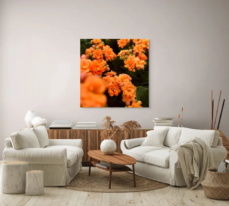 Tablou Canvas, "Floare portocalie în grădină de vis", Flori, Portocalii, Petale, Boboci, Frunze, Vibrante, Delicate, Verzi, Strălucitoare, 100 x 100 cm – poza 3