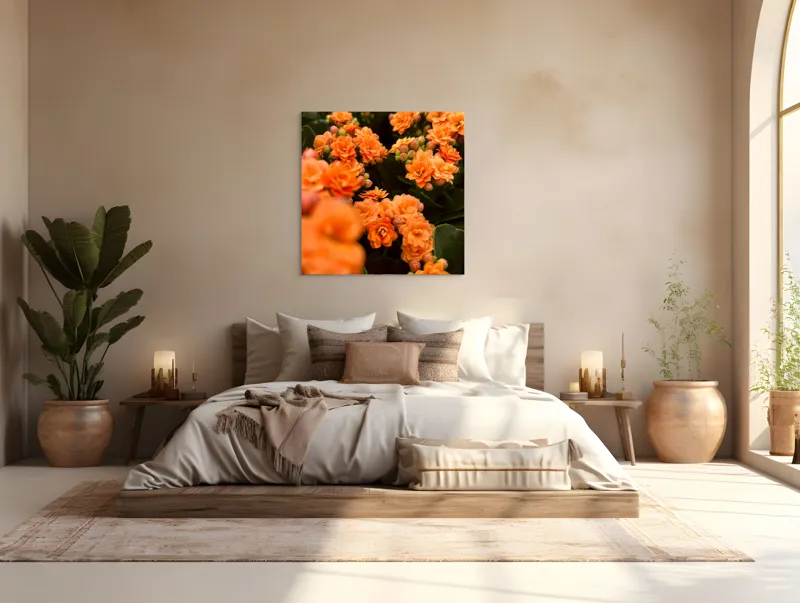 Tablou Canvas, "Floare portocalie în grădină de vis", Flori, Portocalii, Petale, Boboci, Frunze, Vibrante, Delicate, Verzi, Strălucitoare, 100 x 100 cm – poza 4