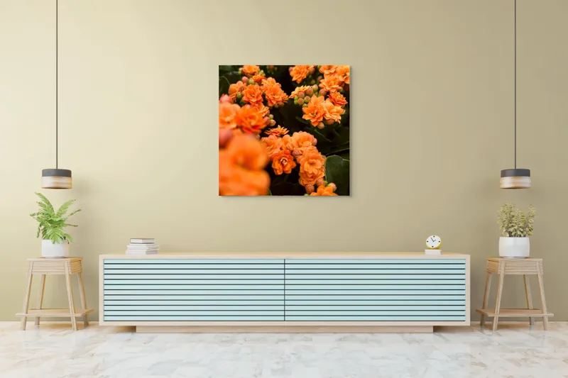 Tablou Canvas, "Floare portocalie în grădină de vis", Flori, Portocalii, Petale, Boboci, Frunze, Vibrante, Delicate, Verzi, Strălucitoare, 100 x 100 cm – poza 5