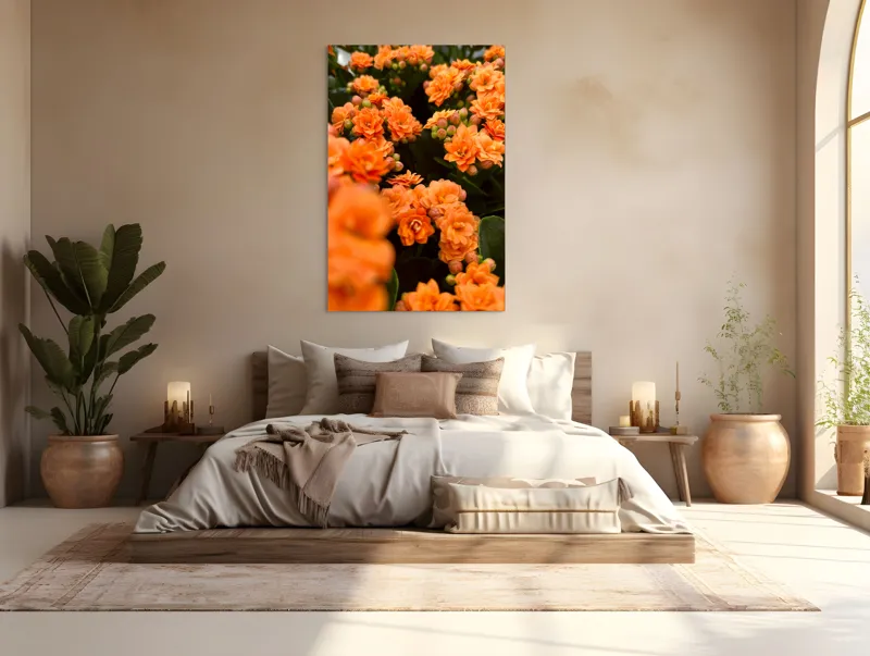 Tablou Canvas, "Floare portocalie în grădină de vis", Flori, Portocalii, Petale, Boboci, Frunze, Vibrante, Delicate, Verzi, Strălucitoare, 100 x 150 cm – poza 3