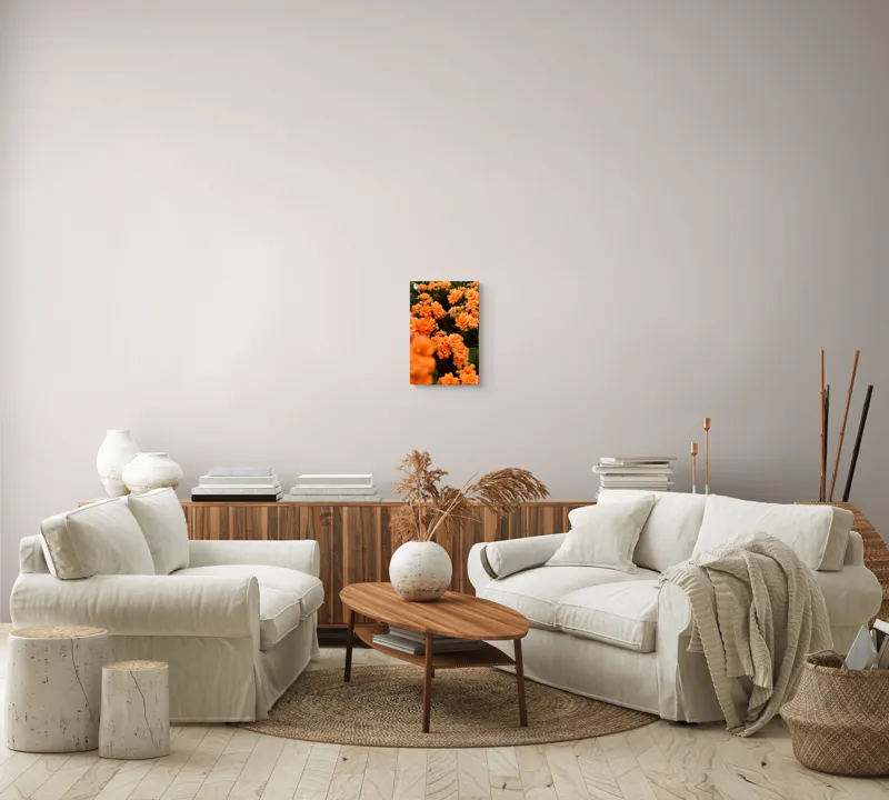 Tablou Canvas, "Floare portocalie în grădină de vis", Flori, Portocalii, Petale, Boboci, Frunze, Vibrante, Delicate, Verzi, Strălucitoare, 26 x 39 cm – poza 7