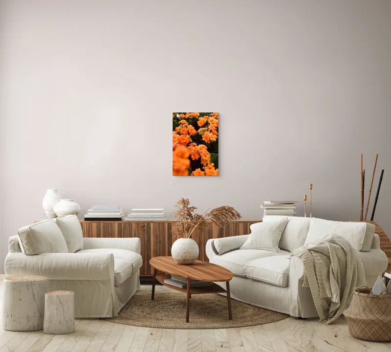 Tablou Canvas, "Floare portocalie în grădină de vis", Flori, Portocalii, Petale, Boboci, Frunze, Vibrante, Delicate, Verzi, Strălucitoare, 39 x 54 cm – poza 5