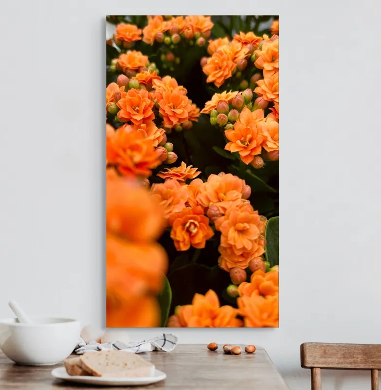 Tablou Canvas, "Floare portocalie în grădină de vis", Flori, Portocalii, Petale, Boboci, Frunze, Vibrante, Delicate, Verzi, Strălucitoare, 50 x 90 cm – poza 3