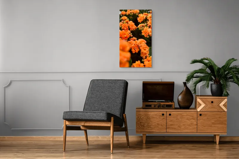 Tablou Canvas, "Floare portocalie în grădină de vis", Flori, Portocalii, Petale, Boboci, Frunze, Vibrante, Delicate, Verzi, Strălucitoare, 50 x 90 cm – poza 8