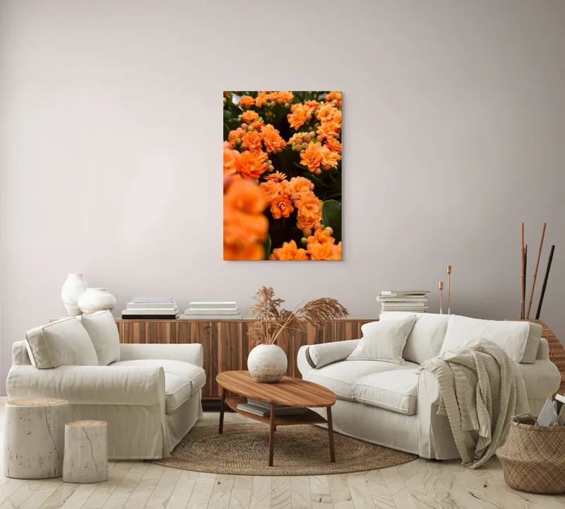 Tablou Canvas, "Floare portocalie în grădină de vis", Flori, Portocalii, Petale, Boboci, Frunze, Vibrante, Delicate, Verzi, Strălucitoare, 70 x 100 cm – poza 4