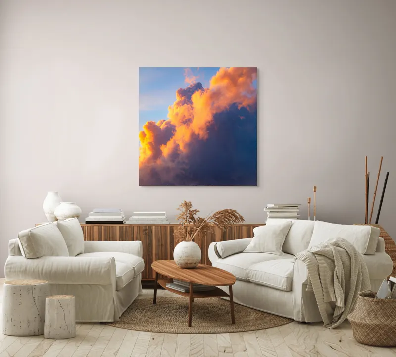 Tablou Canvas, "Norii aurii îmbrățișează apusul", Nor, Aprins, Luminos, Cer, Spectacol, Înserare, Vibrant, Culori, 100 x 100 cm – poza 3