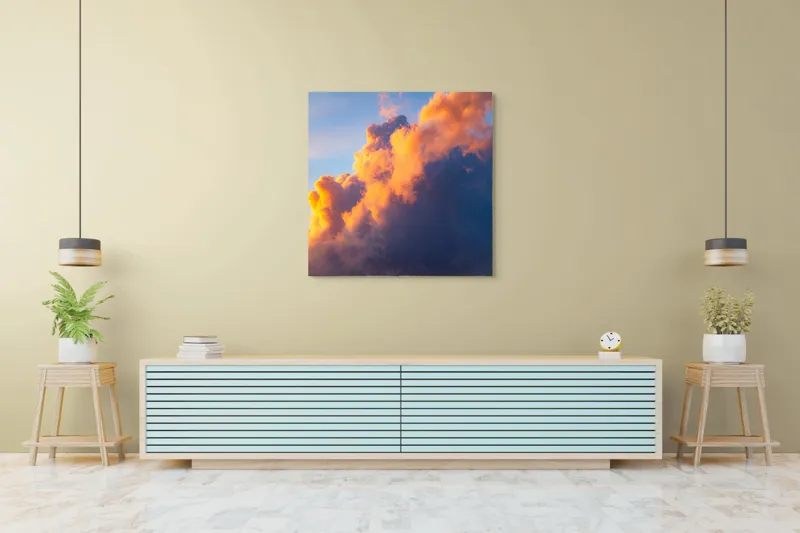 Tablou Canvas, "Norii aurii îmbrățișează apusul", Nor, Aprins, Luminos, Cer, Spectacol, Înserare, Vibrant, Culori, 100 x 100 cm – poza 5