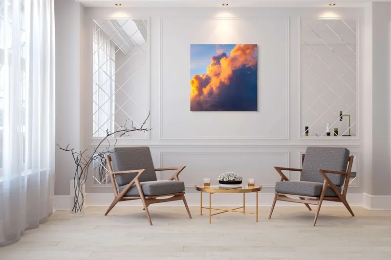 Tablou Canvas, "Norii aurii îmbrățișează apusul", Nor, Aprins, Luminos, Cer, Spectacol, Înserare, Vibrant, Culori, 100 x 100 cm – poza 7