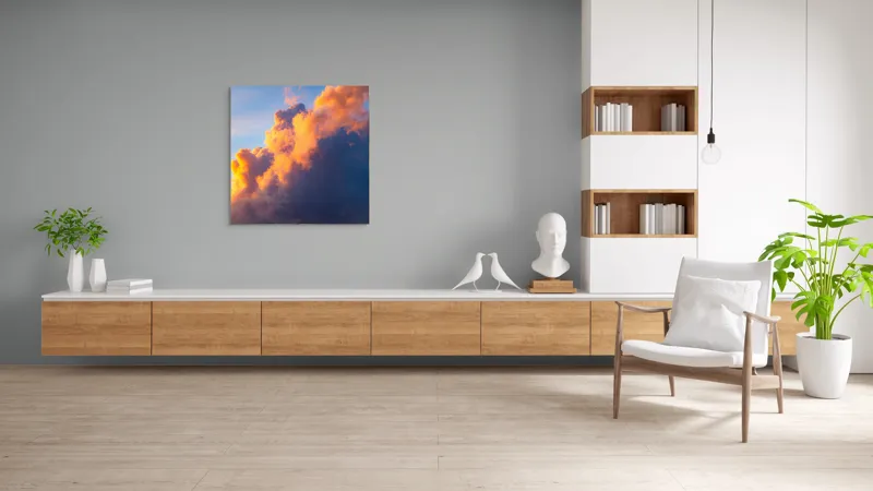 Tablou Canvas, "Norii aurii îmbrățișează apusul", Nor, Aprins, Luminos, Cer, Spectacol, Înserare, Vibrant, Culori, 100 x 100 cm – poza 8