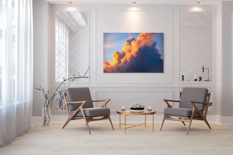 Tablou Canvas, "Norii aurii îmbrățișează apusul", Nor, Aprins, Luminos, Cer, Spectacol, Înserare, Vibrant, Culori, 150 x 100 cm – poza 7