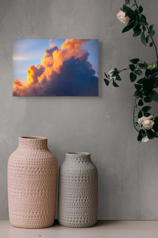 Tablou Canvas, "Norii aurii îmbrățișează apusul", Nor, Aprins, Luminos, Cer, Spectacol, Înserare, Vibrant, Culori, 39 x 26 cm – poza 4