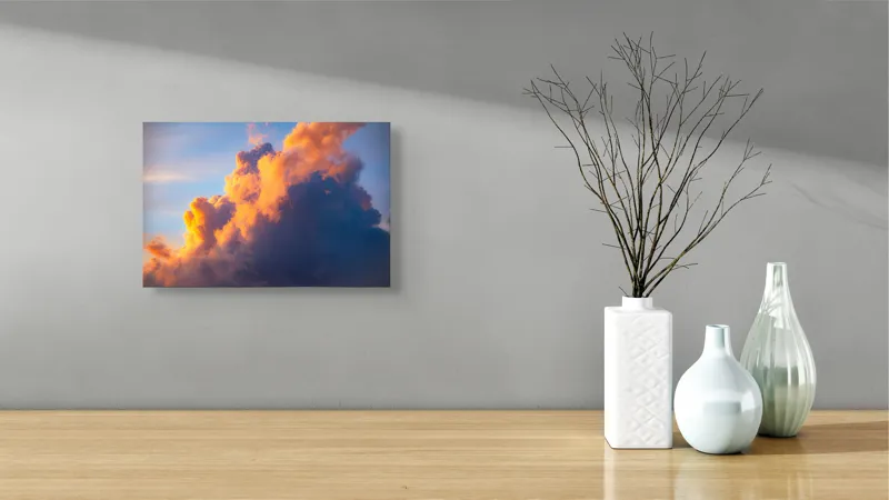 Tablou Canvas, "Norii aurii îmbrățișează apusul", Nor, Aprins, Luminos, Cer, Spectacol, Înserare, Vibrant, Culori, 39 x 26 cm – poza 8