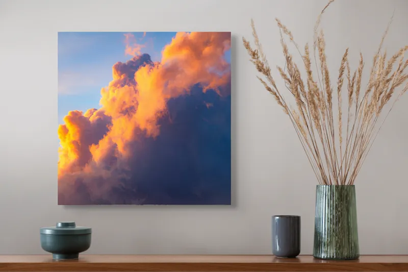 Tablou Canvas, "Norii aurii îmbrățișează apusul", Nor, Aprins, Luminos, Cer, Spectacol, Înserare, Vibrant, Culori, 50 x 50 cm – poza 4
