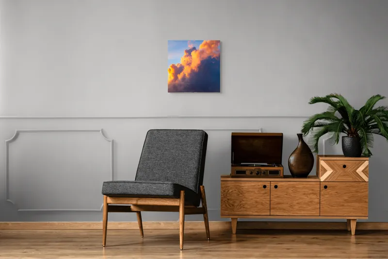Tablou Canvas, "Norii aurii îmbrățișează apusul", Nor, Aprins, Luminos, Cer, Spectacol, Înserare, Vibrant, Culori, 50 x 50 cm – poza 6