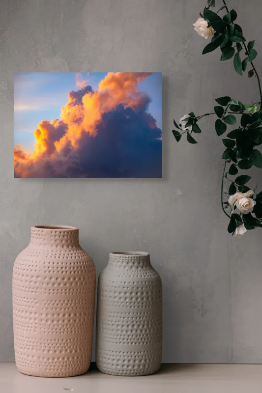Tablou Canvas, "Norii aurii îmbrățișează apusul", Nor, Aprins, Luminos, Cer, Spectacol, Înserare, Vibrant, Culori, 54 x 39 cm – poza 8