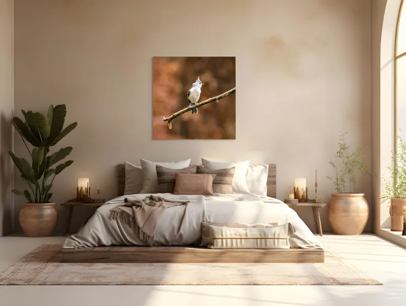 Tablou Canvas, "Păsărică pe creanga toamnei aurii", Nu pot spune cine este în imagine, dar îți pot oferi o descriere vizuală. Plumaj, Răsărit, Ramură, Pădure, Cer, Panoramă, Serenitate, 100 x 100 cm – poza 4