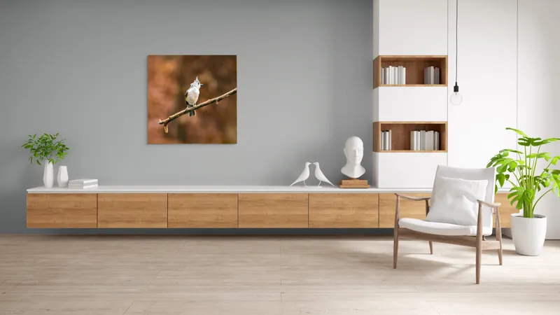 Tablou Canvas, "Păsărică pe creanga toamnei aurii", Nu pot spune cine este în imagine, dar îți pot oferi o descriere vizuală. Plumaj, Răsărit, Ramură, Pădure, Cer, Panoramă, Serenitate, 100 x 100 cm – poza 8