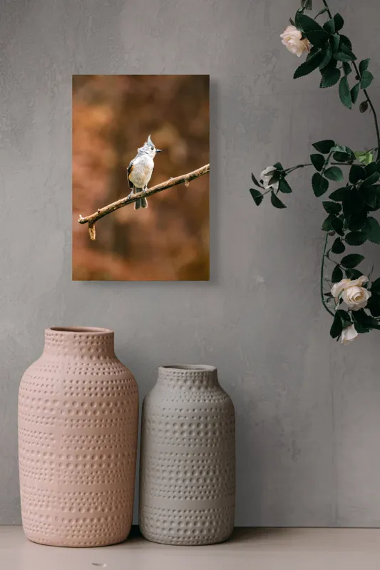 Tablou Canvas, "Păsărică pe creanga toamnei aurii", Nu pot spune cine este în imagine, dar îți pot oferi o descriere vizuală. Plumaj, Răsărit, Ramură, Pădure, Cer, Panoramă, Serenitate, 26 x 39 cm – poza 6