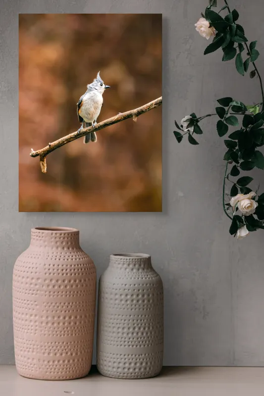 Tablou Canvas, "Păsărică pe creanga toamnei aurii", Nu pot spune cine este în imagine, dar îți pot oferi o descriere vizuală. Plumaj, Răsărit, Ramură, Pădure, Cer, Panoramă, Serenitate, 39 x 54 cm – poza 6