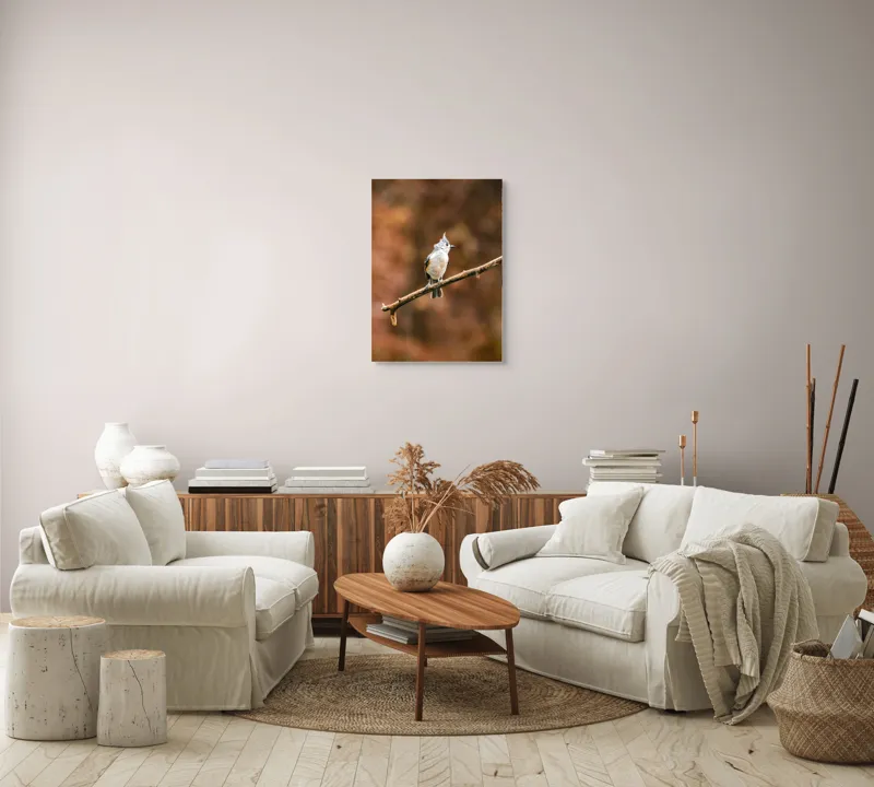 Tablou Canvas, "Păsărică pe creanga toamnei aurii", Nu pot spune cine este în imagine, dar îți pot oferi o descriere vizuală. Plumaj, Răsărit, Ramură, Pădure, Cer, Panoramă, Serenitate, 50 x 70 cm – poza 4