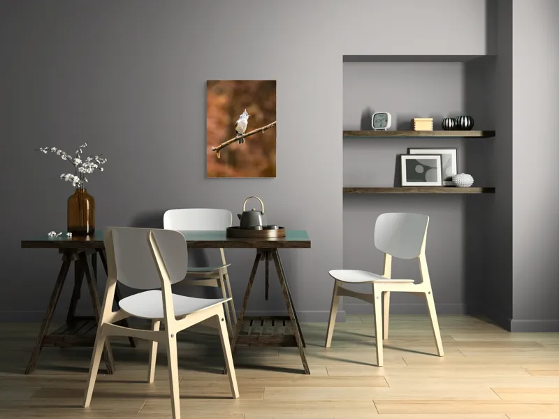 Tablou Canvas, "Păsărică pe creanga toamnei aurii", Nu pot spune cine este în imagine, dar îți pot oferi o descriere vizuală. Plumaj, Răsărit, Ramură, Pădure, Cer, Panoramă, Serenitate, 50 x 70 cm – poza 5