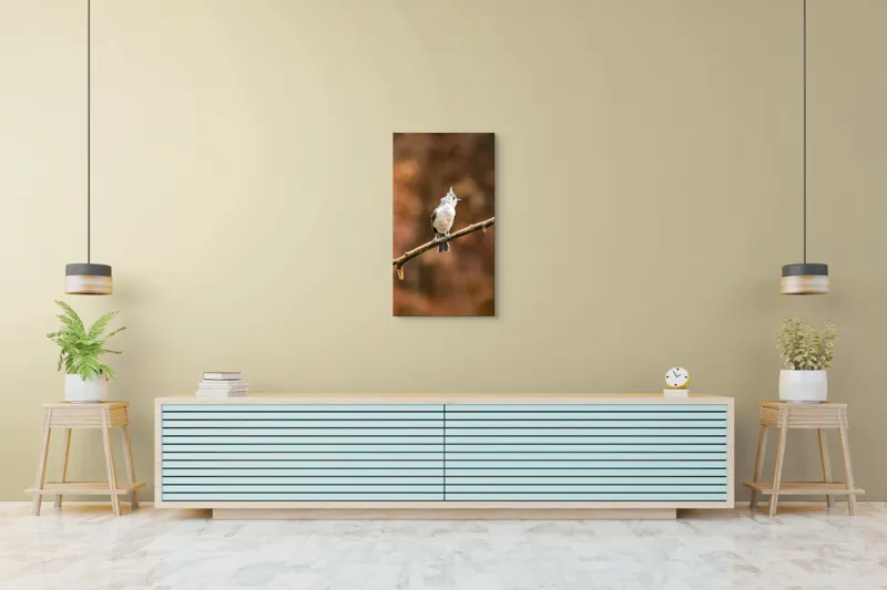 Tablou Canvas, "Păsărică pe creanga toamnei aurii", Nu pot spune cine este în imagine, dar îți pot oferi o descriere vizuală. Plumaj, Răsărit, Ramură, Pădure, Cer, Panoramă, Serenitate, 50 x 90 cm – poza 6
