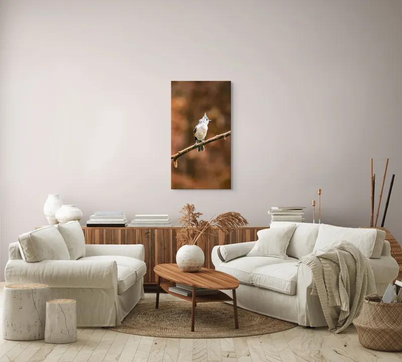 Tablou Canvas, "Păsărică pe creanga toamnei aurii", Nu pot spune cine este în imagine, dar îți pot oferi o descriere vizuală. Plumaj, Răsărit, Ramură, Pădure, Cer, Panoramă, Serenitate, 50 x 90 cm – poza 7