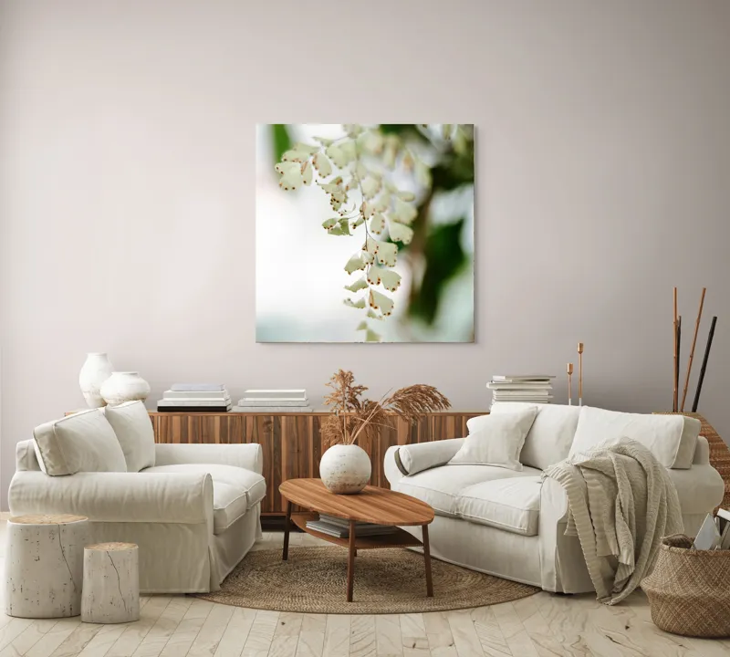 Tablou Canvas, "Frunziș diafan în adiere ușoară", Fermecate, Delicate, Naturale, Eterice, Frunze, Gingașe, Verzi, Fragile, Tranquile, 100 x 100 cm – poza 3