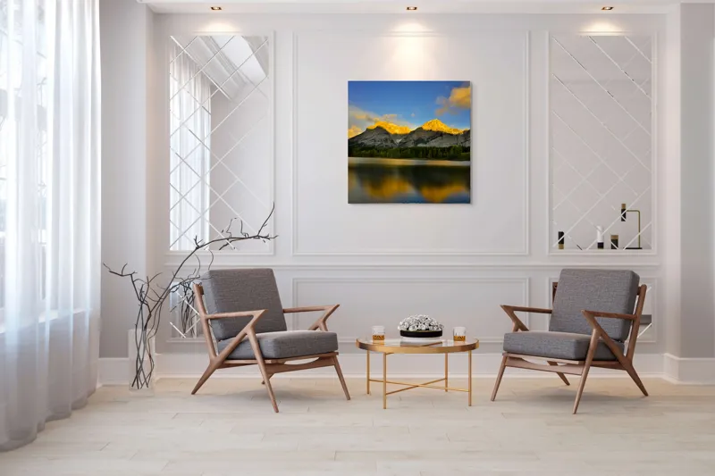Tablou Canvas, "Lumina aurie pe munți în amurg", Apus, Munte, Reflecție, Lumină, Nor, Apă, Pădure, Cer, Peisaj, Natural., 100 x 100 cm – poza 7