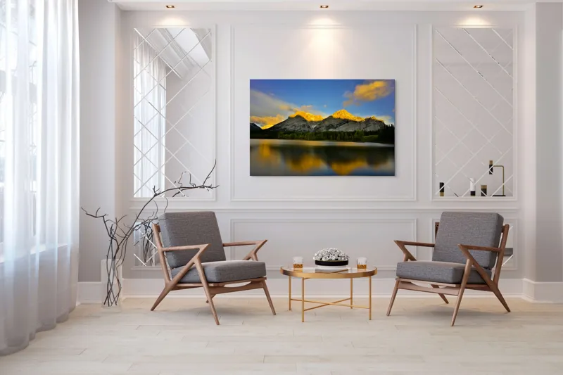 Tablou Canvas, "Lumina aurie pe munți în amurg", Apus, Munte, Reflecție, Lumină, Nor, Apă, Pădure, Cer, Peisaj, Natural., 150 x 100 cm – poza 7
