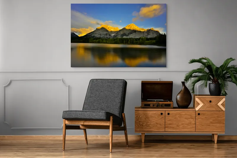 Tablou Canvas, "Lumina aurie pe munți în amurg", Apus, Munte, Reflecție, Lumină, Nor, Apă, Pădure, Cer, Peisaj, Natural., 150 x 100 cm – poza 8