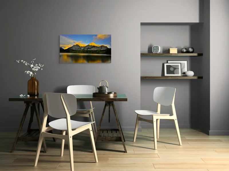 Tablou Canvas, "Lumina aurie pe munți în amurg", Apus, Munte, Reflecție, Lumină, Nor, Apă, Pădure, Cer, Peisaj, Natural., 90 x 50 cm – poza 3