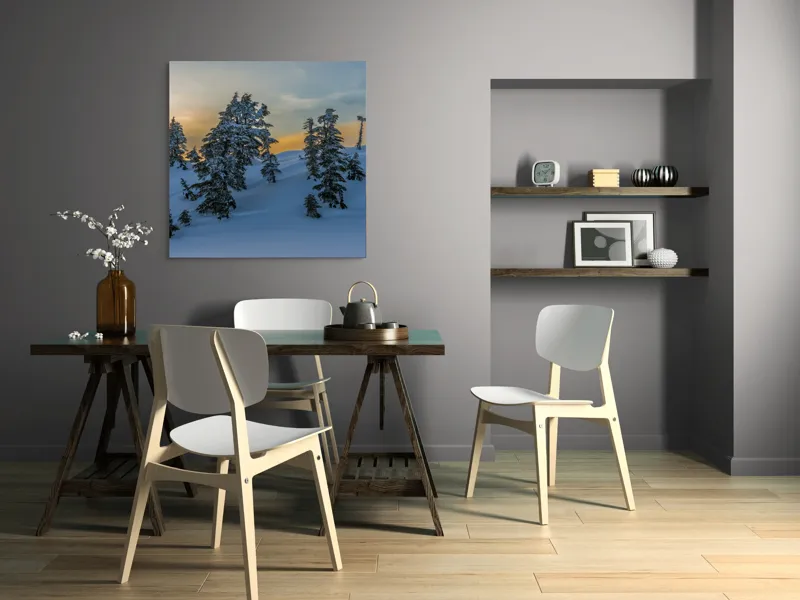 Tablou Canvas, "Pădurea înzăpezită la apusul soarelui", Zapadă, Copaci, Apus, Cer, Peisaj, Liniște, Iarnă, 100 x 100 cm – poza 6