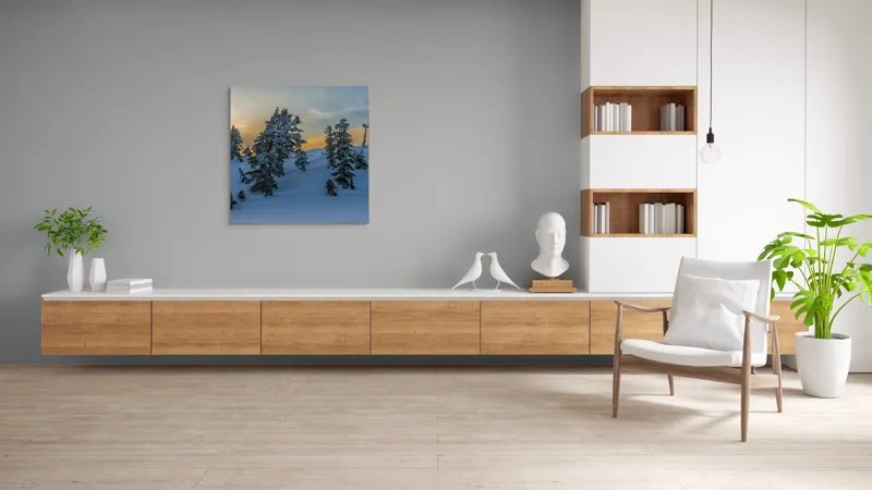 Tablou Canvas, "Pădurea înzăpezită la apusul soarelui", Zapadă, Copaci, Apus, Cer, Peisaj, Liniște, Iarnă, 100 x 100 cm – poza 8