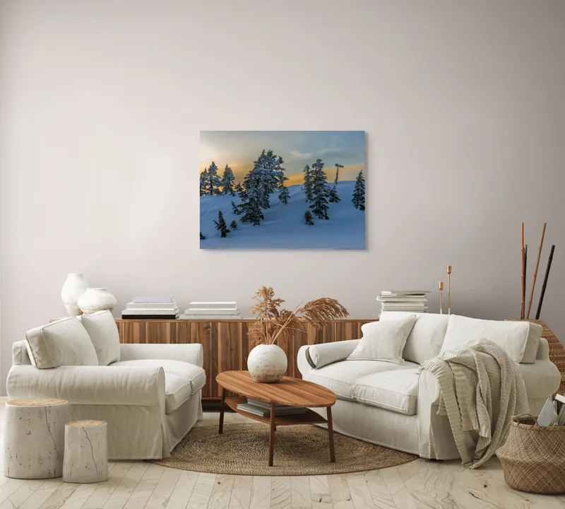 Tablou Canvas, "Pădurea înzăpezită la apusul soarelui", Zapadă, Copaci, Apus, Cer, Peisaj, Liniște, Iarnă, 100 x 70 cm – poza 3