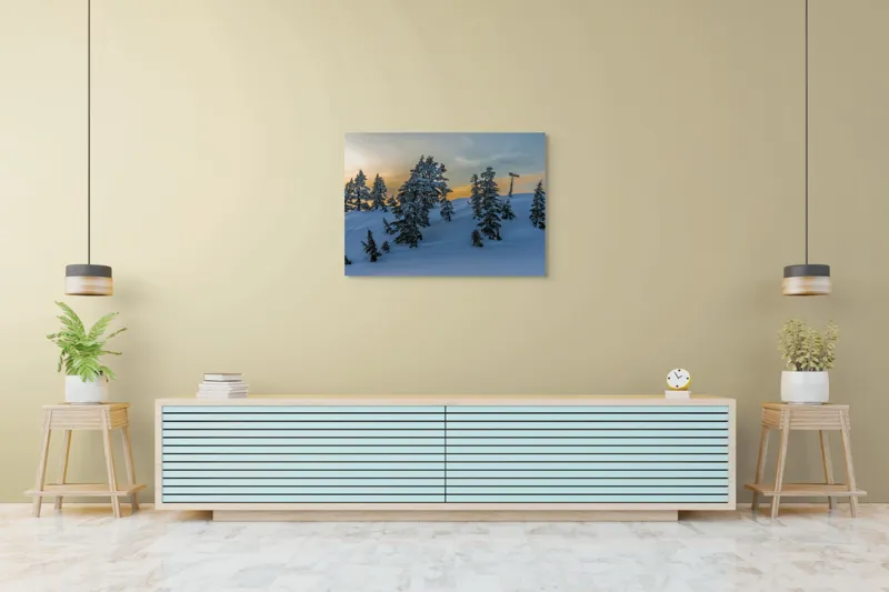 Tablou Canvas, "Pădurea înzăpezită la apusul soarelui", Zapadă, Copaci, Apus, Cer, Peisaj, Liniște, Iarnă, 100 x 70 cm – poza 4