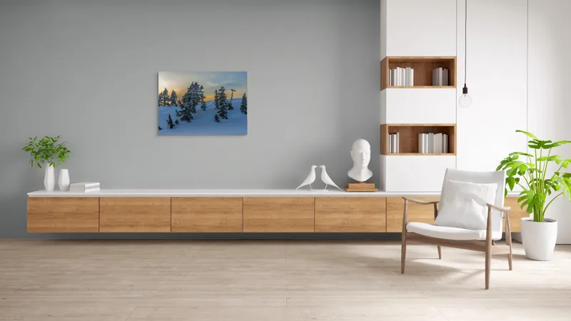 Tablou Canvas, "Pădurea înzăpezită la apusul soarelui", Zapadă, Copaci, Apus, Cer, Peisaj, Liniște, Iarnă, 100 x 70 cm – poza 6